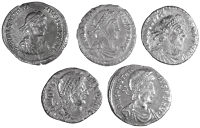 Roman Imperial coins, Miscellaneous, Siliquæ (5), of Constantius II, Jovian, Magnus Maximus, Julian and Valentinian...