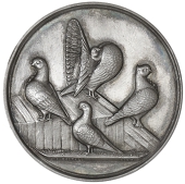 Ornithology, ESSEX, Essex Columbarian Society, a silver award medal by J.A. Restall, four birds perched on fence,...