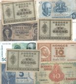 Norges Bank, One Kroner, 1944, 1948, 1950, Five Kroner, 1962, Ten Kroner, 1939, Z 5912889, 1944, Y 080526, 1954,...