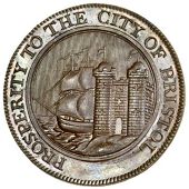 Gloucestershire, Bristol, Lutwyche’s mule Halfpenny, 1798, arms of Bristol, rev. shield and military trophies,...