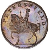 Hampshire, Petersfield, Kempson’s mule Halfpenny, rider on horseback left, rev. group of weapons and musical...