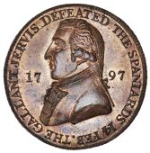 Hampshire, Portsmouth, issuer uncertain, Halfpenny, 1797, bust of Admiral Jervis left, rev. ship sailing right,...