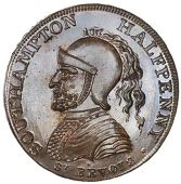 Hampshire, Southampton, Taylor, Moody & Co, Westwood’s Halfpenny, 1790, bust of Sir Bevois in helmet left, rev....