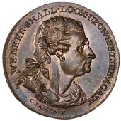 Middlesex [City of London], Russell Court, Sim, Halfpenny, bust of David Garrick right, rev. masks of Tragedy and...