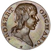 Middlesex [City of London], Soho, Robert Orchard, James’s Halfpenny, bust right, rev. City arms, edge plain,...
