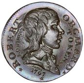 Middlesex [City of London], Soho, Robert Orchard, James’s Halfpenny, 1797, bust right, rev. family arms, edge...