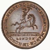 Middlesex [City of London], Strand, Philip Astley, Halfpenny, Mercury standing on horse galloping right, rev. man...