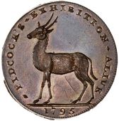 Middlesex [City of London], Strand, Gilbert Pidcock, Halfpenny, 1795, antelope standing left, rev. ostrich standing...