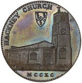 Middlesex [Greater Metropolitan area], Hackney, David Rebello, Milton’s Halfpenny, 1795, church, rev. dar cypher,...
