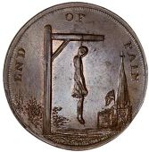 Middlesex [Specious and Collectors’], Skidmore’s ‘End of Pain’ mule Halfpenny, 1797, man hanging, church...