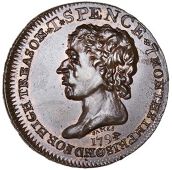 Middlesex [Specious and Collectors’], Spence’s mule Halfpenny, bust left, rev. men under tree, edge spence x...