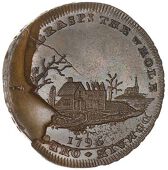 Middlesex [Specious and Collectors’], Spence’s mule Halfpenny, deserted village, rev. Indian standing right,...
