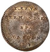 Surrey, Bermondsey, Thomas Keys, Halfpenny, 1796, t. keys bermondsey spa garden, rev. conjoined ts between two keys,...