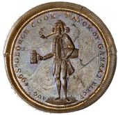Surrey, Lambeth, Prattent’s Penny, [17]96, standing figure of George Cook, smoking pipe and holding a mug and a...
