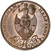 Warwickshire, Birmingham, George Hollington Barker, Halfpenny, 1797, family arms, crest of an armed warrior above,...