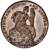 Warwickshire, Birmingham, Birmingham Mining & Copper Co, Halfpenny, 1792, robed female seated right with fasces,...