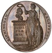 Warwickshire, Birmingham, John Clarke, Halfpenny, 1795, Britannia crowning bust of George III with laurel wreath,...
