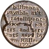 Warwickshire, Birmingham, William Hallan, Skidmore’s mule Halfpenny, legend in 8 lines, rev. bust of David Garrick...