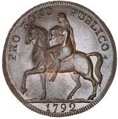 Warwickshire, Coventry, Robert Reynolds & Co, Halfpenny, 1792, Lady Godiva on horseback left, rev. elephant and...
