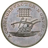Norfolk, Kings Lynn, A. Cook, Skidmore’s Penny, 1798, plough and harrow, rev. cypher, edge i promise to pay on...