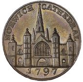 Norfolk, Norwich, Joseph Hardingham, Kempson’s Halfpenny, 1797, view of Norwich Cathedral, rev. bust of Frederick...