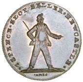 Northumberland, Newcastle-upon-Tyne, Spence’s mule Halfpenny, from the same obv. die as previous, rev. Highlander,...