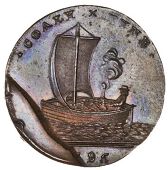 Northumberland, Newcastle-upon-Tyne, Spence’s mule Halfpenny, man in barge sailing left, rev. noted advocates,...
