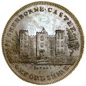 Oxfordshire, Watlington, Skidmore’s Globe series, Penny, Sherborne (sic) Castle, rev. globe, edge i promise to pay...