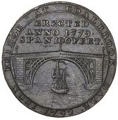 Shropshire, Coalbrook Dale, Reynolds & Co, Halfpenny, 1792, ship sailing under bridge, legend within inner circle,...