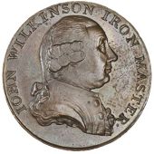 Shropshire, Willey and Snedshill, John Wilkinson, Halfpenny, 1787, bust right, reads master·, rev. man at forge,...