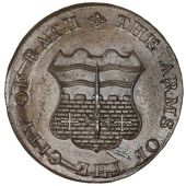 Somerset, Bath, Mary Lambe & Son, Lutwyche’s mule Penny, 1796, arms of Bath, rev. frontal elevation of India...