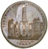 Somerset, Glastonbury, Skidmore’s Globe series, Penny, remains of Glastonbury Abbey, rev. globe, edge i promise to...