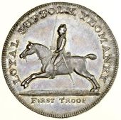 Suffolk, Blything, Sir John Rous, Proof Halfpenny, 1794, in silver, mounted yeoman, sword point to l in suffolk,...