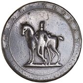Suffolk, Hoxne and Hartsmere (?), Kempson’s Loyal Yeoman Twopence, 1798, yeoman leaning against horse, loyal...