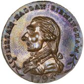 Warwickshire, Birmingham, William Hallan, Skidmore’s mule Halfpenny, bust left, rev. jom cypher, edge skidmore...