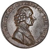 Warwickshire, Birmingham, Joseph Priestley, Lutwyche’s Halfpenny, bust right, rev. flame of Liberty above tomb,...