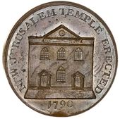 Warwickshire, Birmingham, Ottley’s Churches and Chapels, Halfpenny, New Jerusalem Temple, rev. arms of Birmingham,...