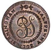 Warwickshire, Birmingham, Skidmore’s mule Halfpenny, from the same obv. die as previous, rev. conjoined busts of...
