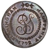 Warwickshire, Birmingham, Skidmore’s mule Halfpenny, from the same obv. die as previous, rev. bust of Earl Howe...
