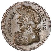 Warwickshire, Birmingham, Skidmore’s mule Halfpenny, from the same obv. die as previous, rev. conjoined heads of...