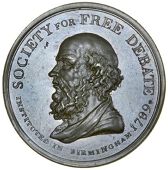 Warwickshire, Birmingham, Society for Free Debate, 1789, a copper medal by T. Wyon Sr, bust of Demosthenes left,...