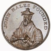 Warwickshire, Coventry, John Nickson, Halfpenny, 1799, three-quarter bust of John Hales in cap with tassel, holding...