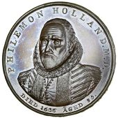 Warwickshire, Coventry, Edmund Percy, Penny, bust of Philemon Holland three-quarters left in ruff, rev. interior of...
