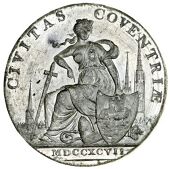 Warwickshire, Coventry, Thomas Sharp, Trial Halfpenny, 1797, in white metal, seated female, cityscape behind, rev....