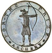 Warwickshire, Meriden, Skidmore’s Halfpenny, 1796, archer with bow, rev. Prince’s plumes above implements of...