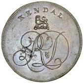 Westmorland, Kendal, Lutwyche’s mule Penny, lion crest above r&d cypher, rev. Justice standing, edge on demand we...
