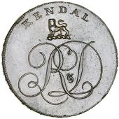 Westmorland, Kendal, Lutwyche’s mule Halfpenny, from the same obv. die as previous, rev. Genius holding drill and...