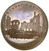 Westmorland, Kendal, Skidmore’s Globe series, Penny, ruins of Kendal Castle, rev. globe, edge i promise to pay on...
