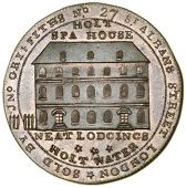 Wiltshire, Holt, Kempson’s mule Halfpence (5), view of the Spa House, revs. beggar, 9.72g/6h (DH 7); legend,...