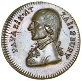 Wiltshire, Salisbury, Skidmore’s mule Halfpenny, bust left, rev. view of St Paul’s Covent Garden in ruins, edge...